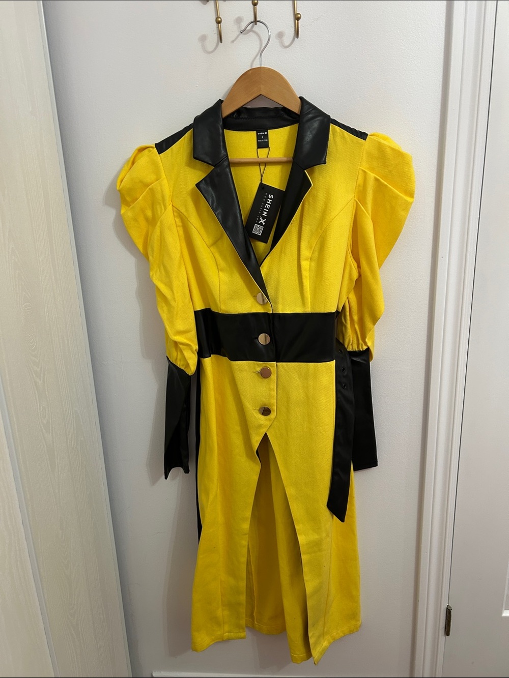 SHEIN Yellow Midi Dress with Black Trim and Belt